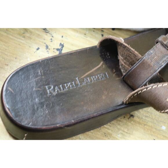Ralph Lauren Sandals Womens Brown Leather 8.5 B Buckle Stud Vtg Slip On Flats - Picture 8 of 8